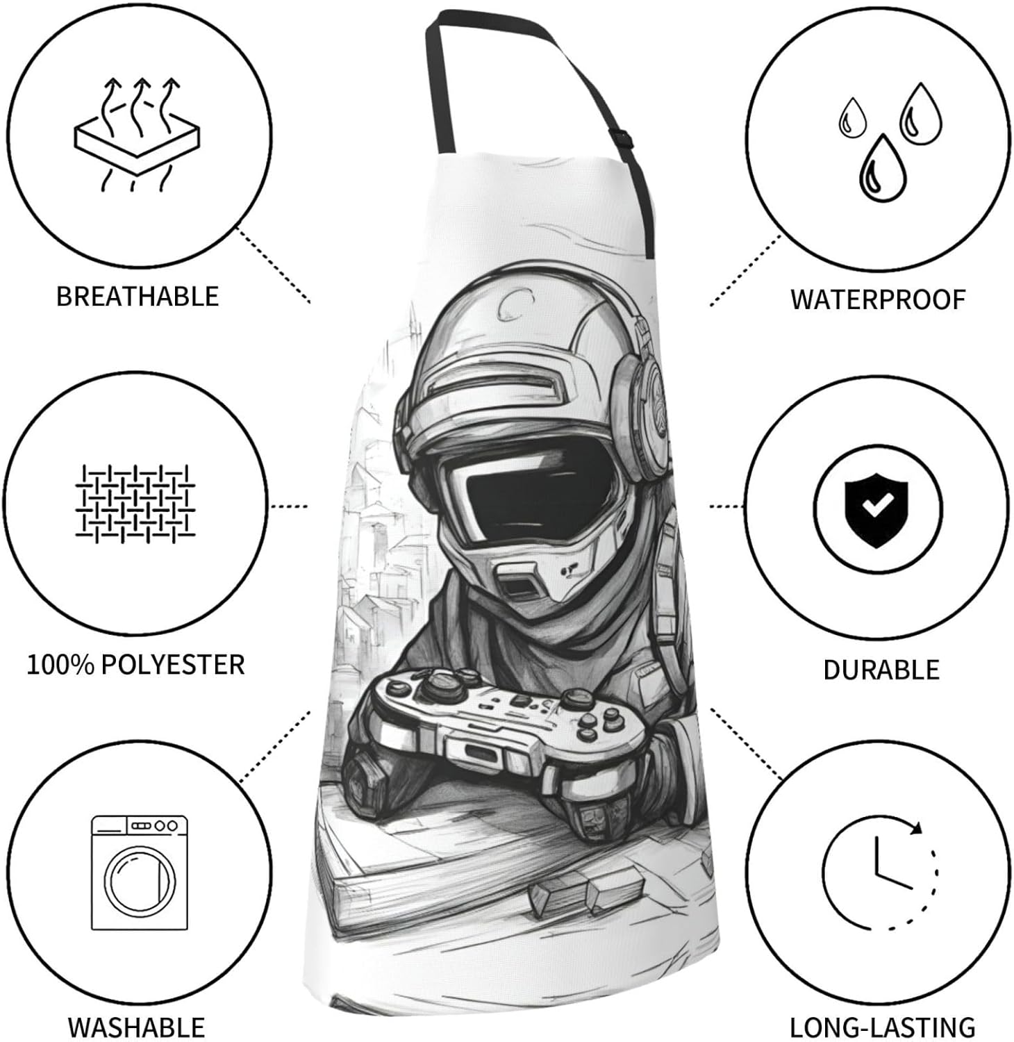 Monochrome Sketch Style Gaming Print 28x33 In Adult Kitchen Apron with