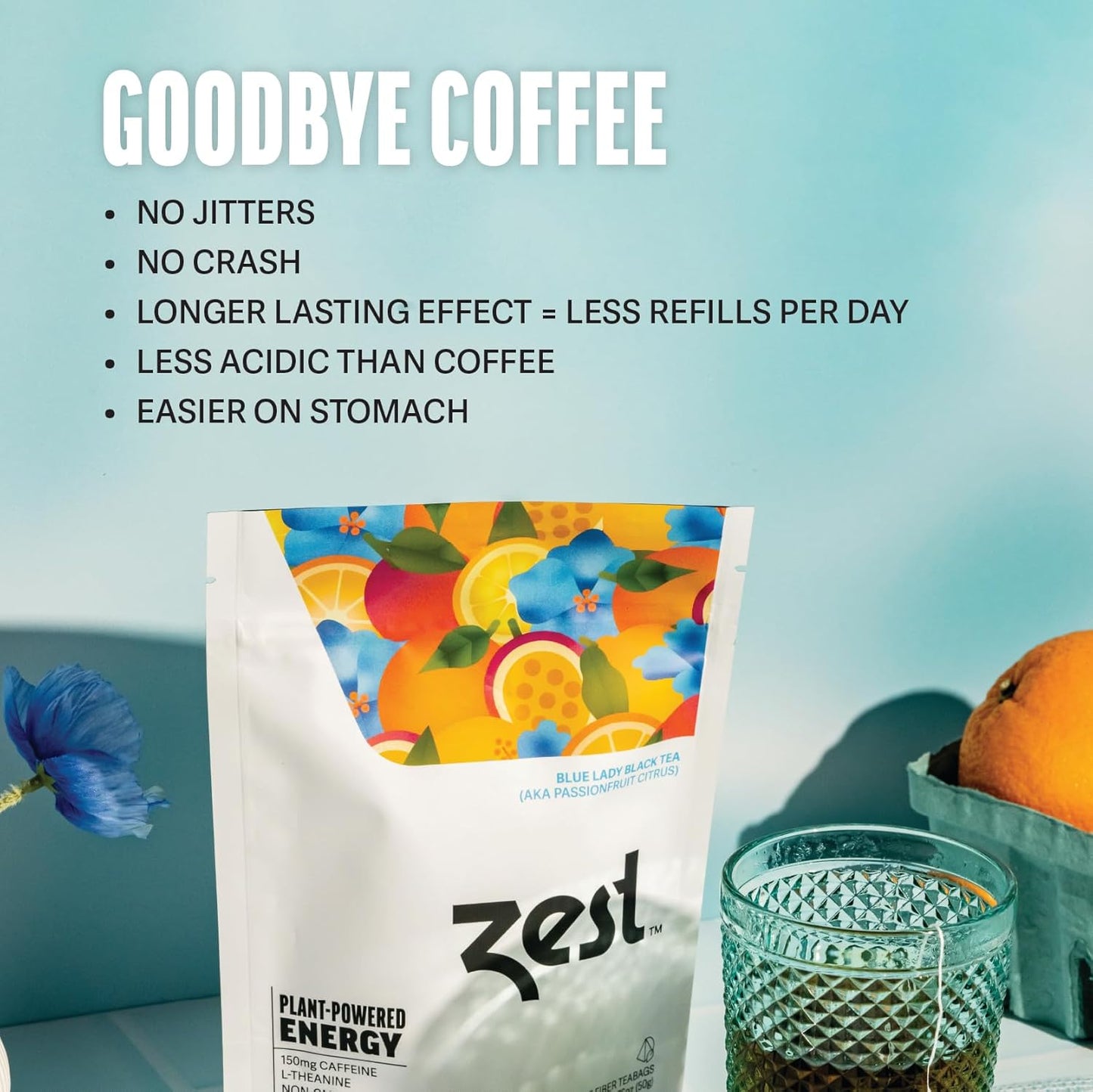 Zest Energy Tea Bags – Blue Lady Passion Fruit Black Tea – High Caffeine Tea for Morning Energy, Focus & Clarity – Natural Caffeinated Tea with 150mg Caffeine – 20Ct Pack – Non-GMO & Keto Friendly