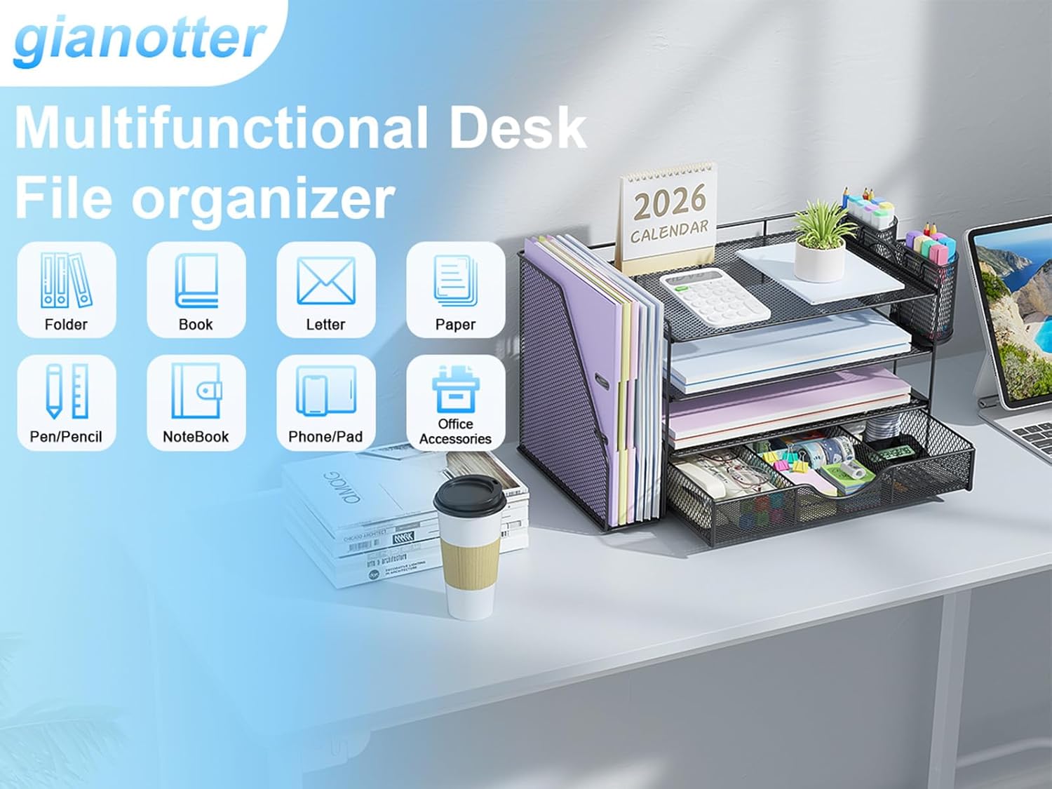 gianotter Desk Organizers and Accessories with File Holder, 4-Tier Des