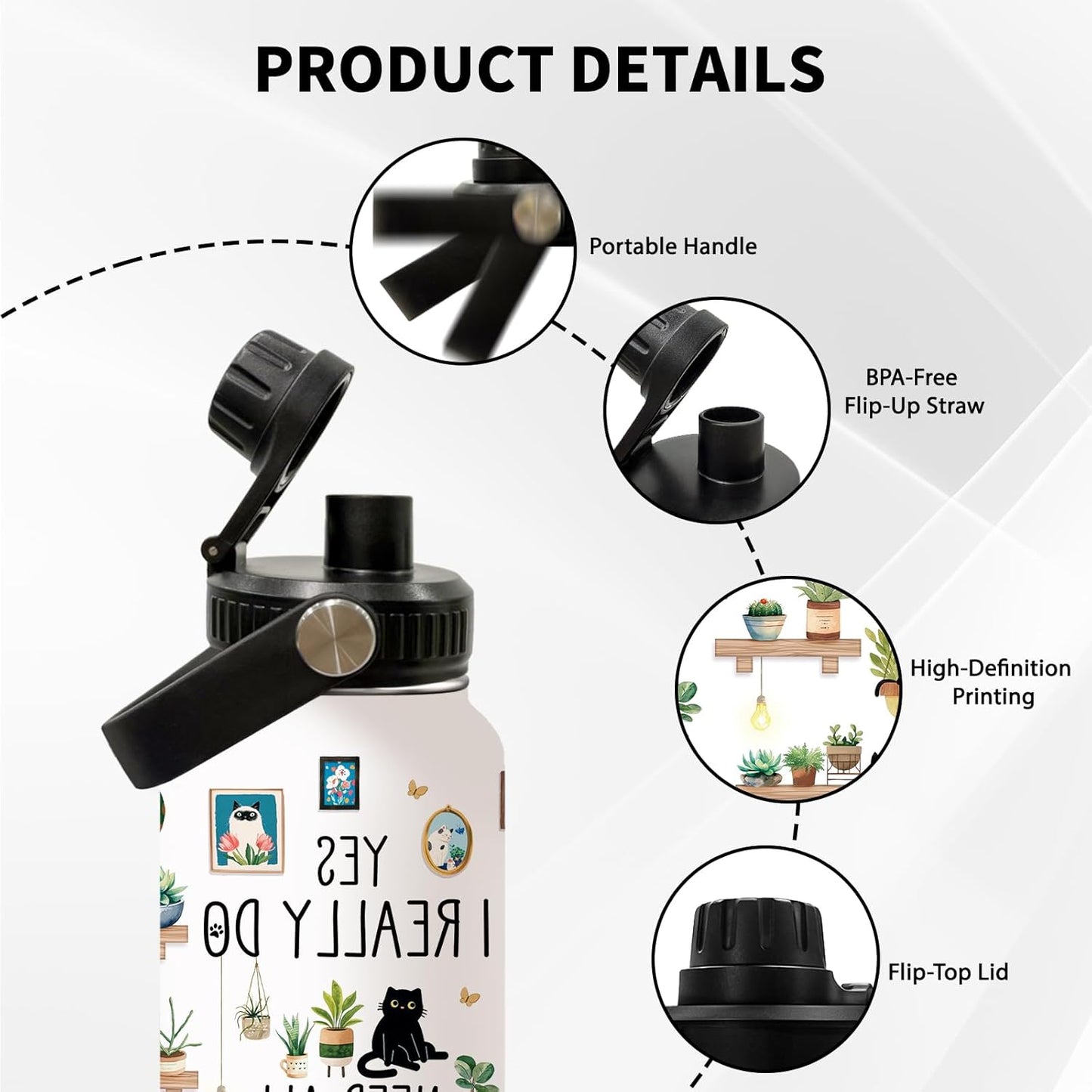 Gardening Gifts for Women, Plants Cat Water Bottle with Lid 32oz, Garden Gift for Plant Lovers Gardeners Lady Women, Plant Travel Cup Insulated Tumbler for Thanksgiving Christmas, 1 PCS