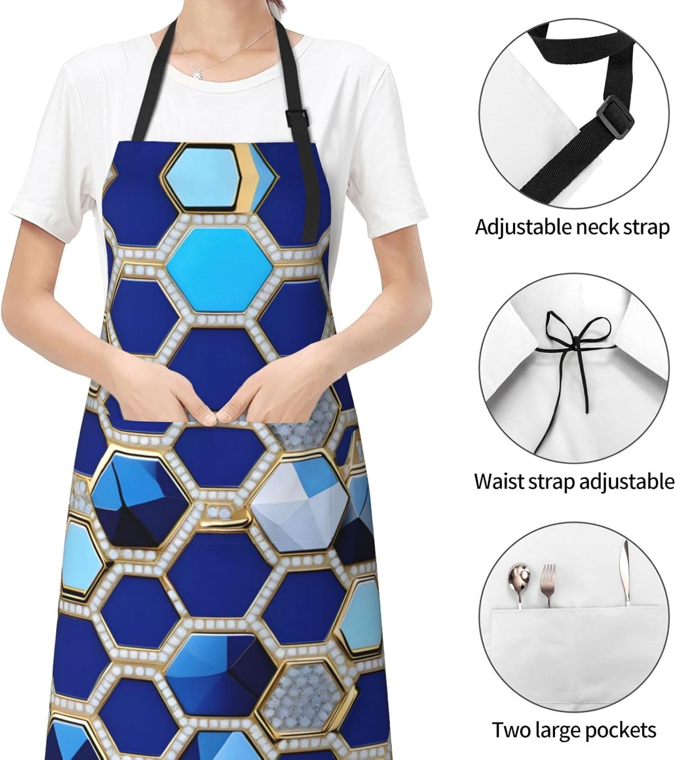 Blue Hexagons and Diamond Print Laundry apron 28x33 In Waterproof Kitchen Apron with Pockets for Cooking Baking