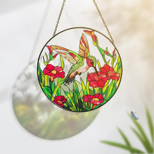 Hewory Hummingbirds Stained Glass Suncatcher: Handmade Hummingbird Sun