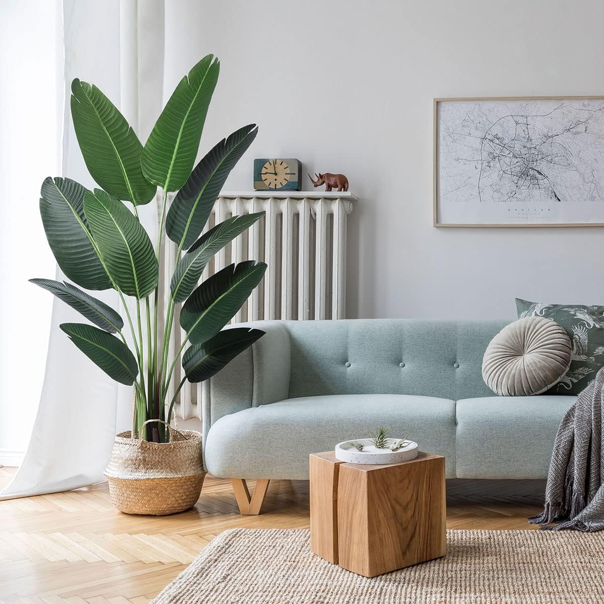 Artificial Bird of Paradise Plants 5Ft Fake Tropical Palm Tree with 10 Trunks in Pot and Woven Seagrass Belly Basket Perfect Faux Plant for Home Indoor Outdoor Office Modern Decor Green