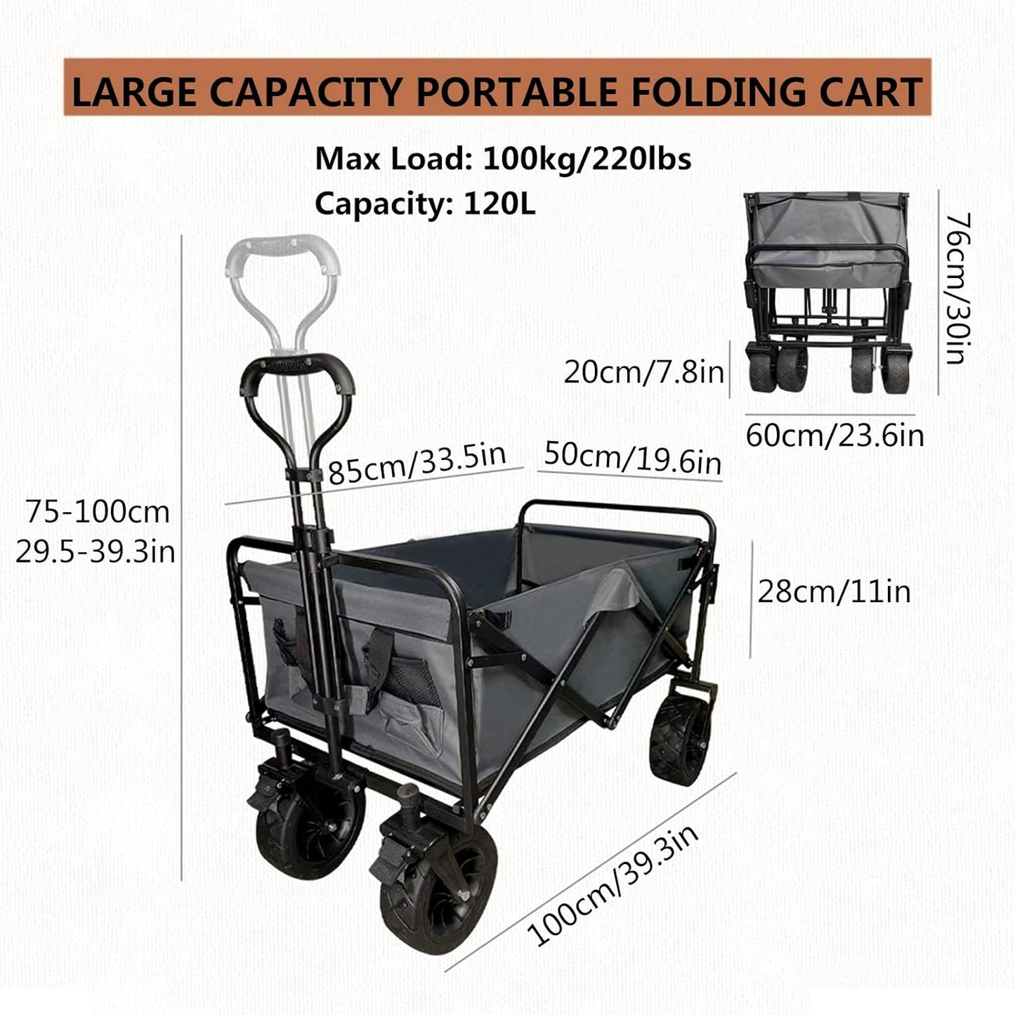 Heavy Duty Collapsible Folding Wagon Cart - Portable All-Terrain Beach & Garden Utility Cart with Wide Wheels for Camping, Fishing, Shopping, Sports - Grey