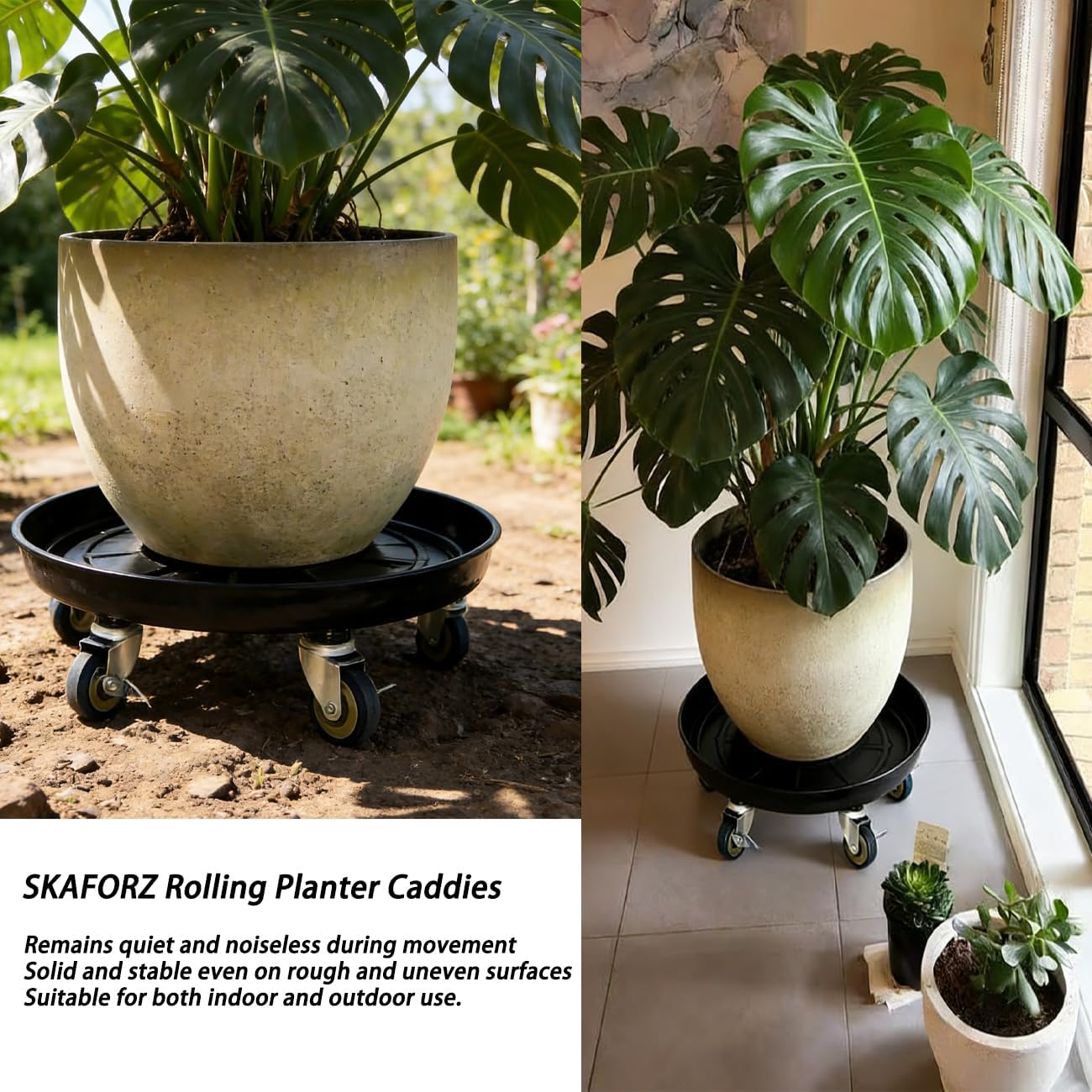 Rolling Planter Caddy(430lbs Capacity), Heavy Duty Metal Plant Stand with Brake Wheels Plant Dolly Mover Plant Pot Tray Saucer for Indoor Outdoor 16 Inches Black 2-Pack