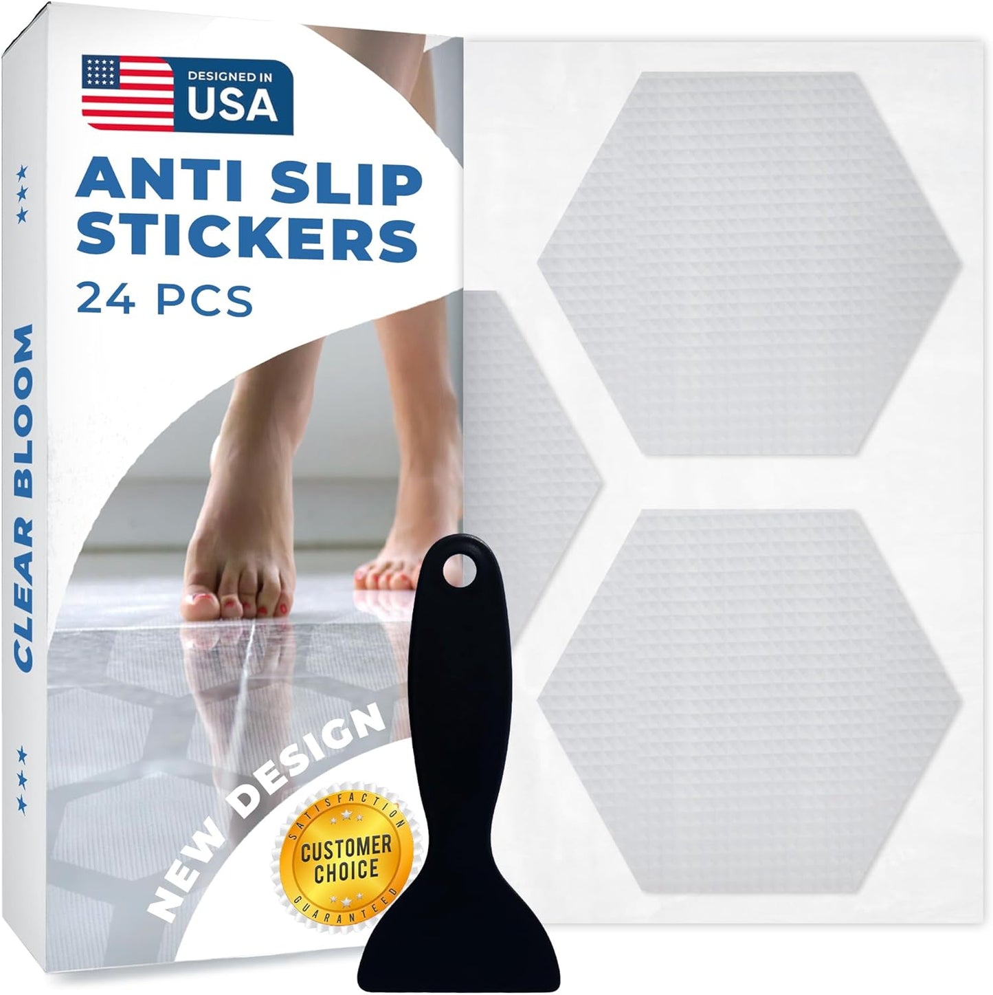 Anti-Slip Shower Stickers for Tub & Shower Floor — Original Clear Hex Non-Slip Bathtub Stickers, 24 Pack 3.25”, Micro-Pyramid Grip, Scraper Included, Easy Apply