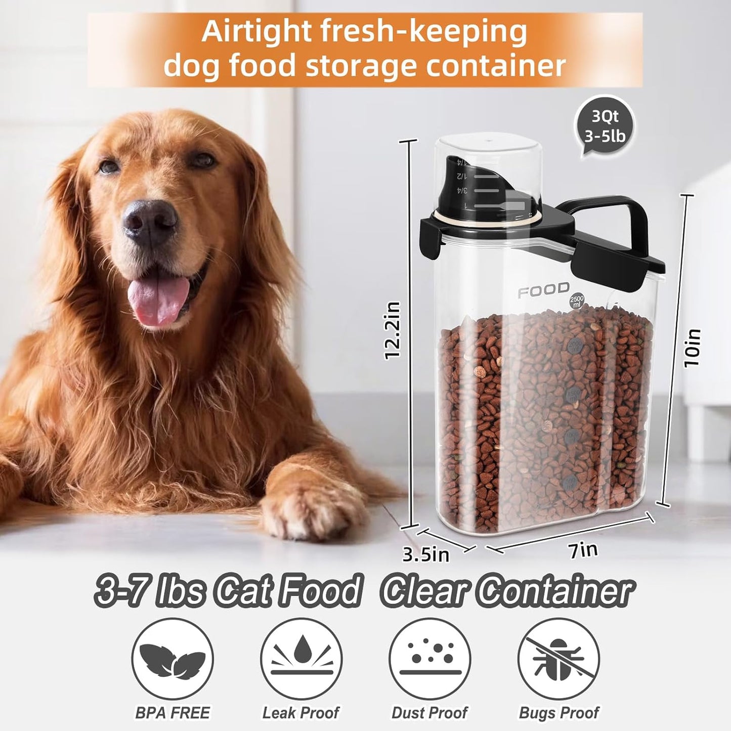 3-5LBS Airtight Pet Food Storage Container PBA-free,With Large Nozzle/