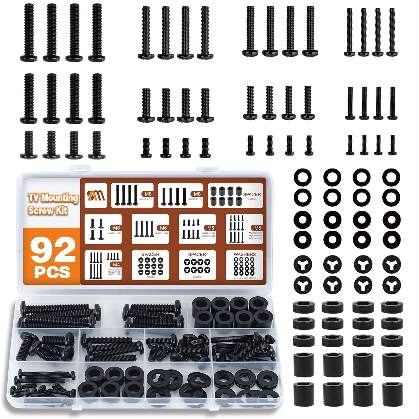 92PCS Universal TV Mounting Hardware Screw Kit Set - M4 M5 M6 M8 Screw
