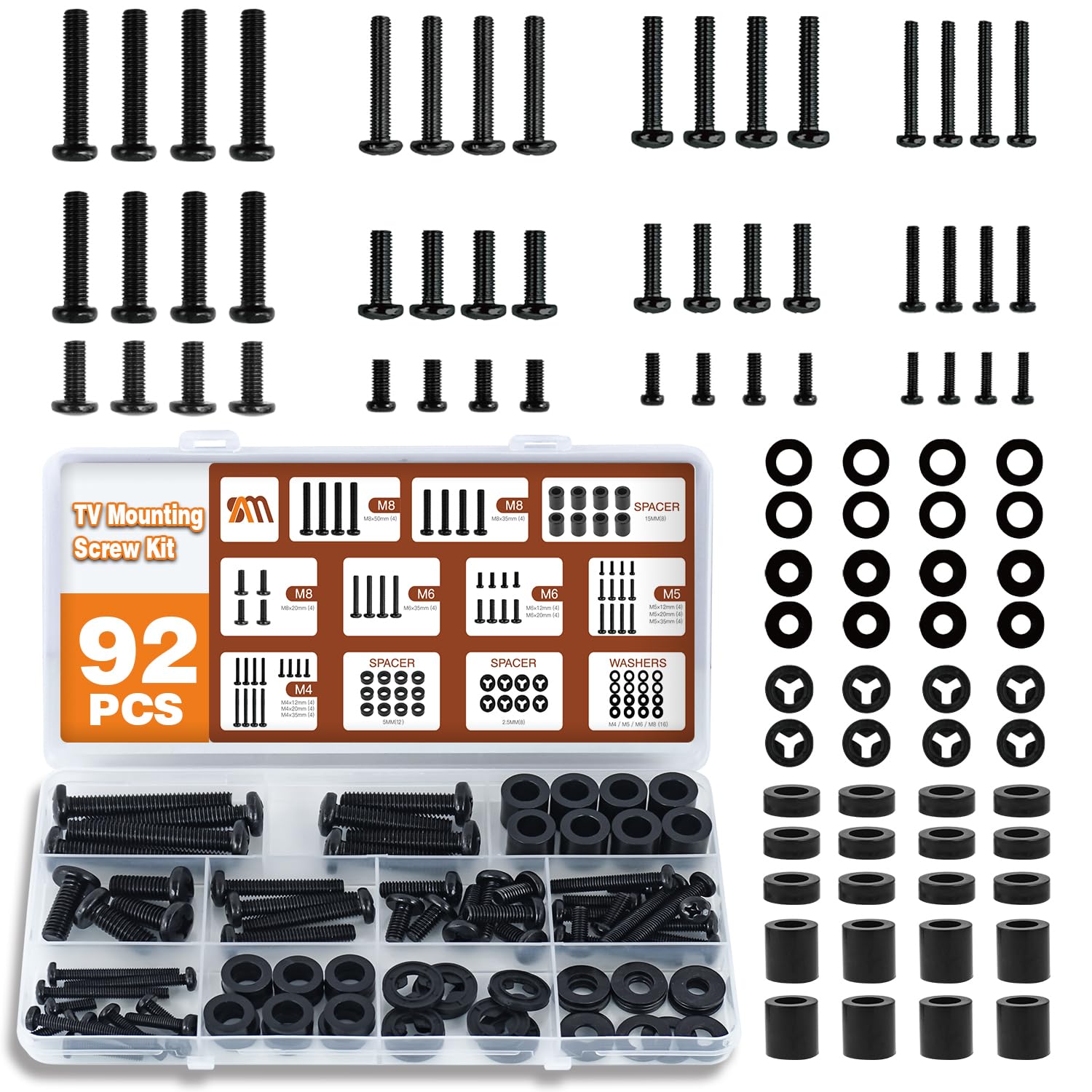 92PCS Universal TV Mounting Hardware Screw Kit Set - M4 M5 M6 M8 Screw
