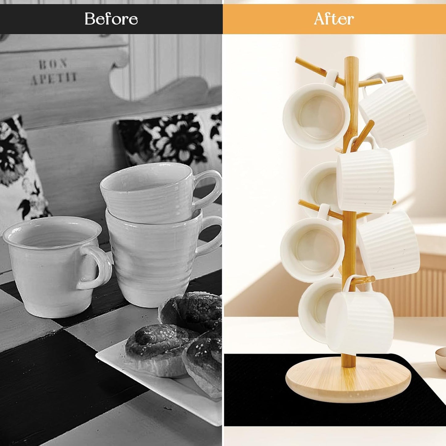 SNAIL GARDEN Coffee Mug Holder with Absorbent Drying Mat, 8-Hook Wood Coffee Cup Stand,Mug Tree Coffee Cup Holder for Kitchen Countertop, Cup Hanger Mug Racks for Bar & Office Organizer