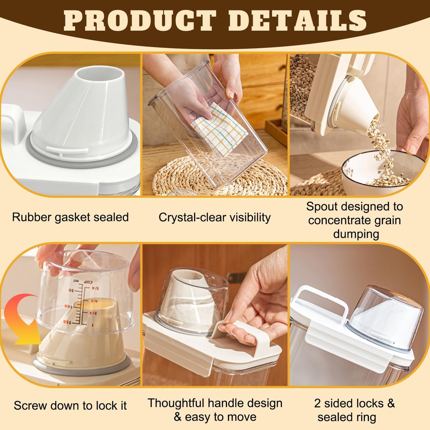Upgraded Cereal Storage Container Set of 2 - 1700ML (57oz) Airtight Food Storage Organizer with Pour Spout & Measuring Cup for Rice, Flour, Sugar, Oatmeal, Pet Dog Cat Bird Food Dry Food Keep Fresh