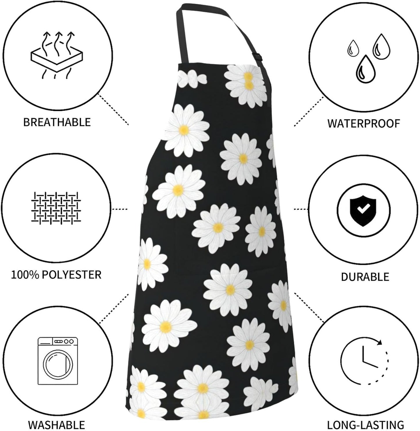 White Daisy 2 Print Laundry apron 28x33 In Waterproof Kitchen Apron with Pockets for Cooking Baking