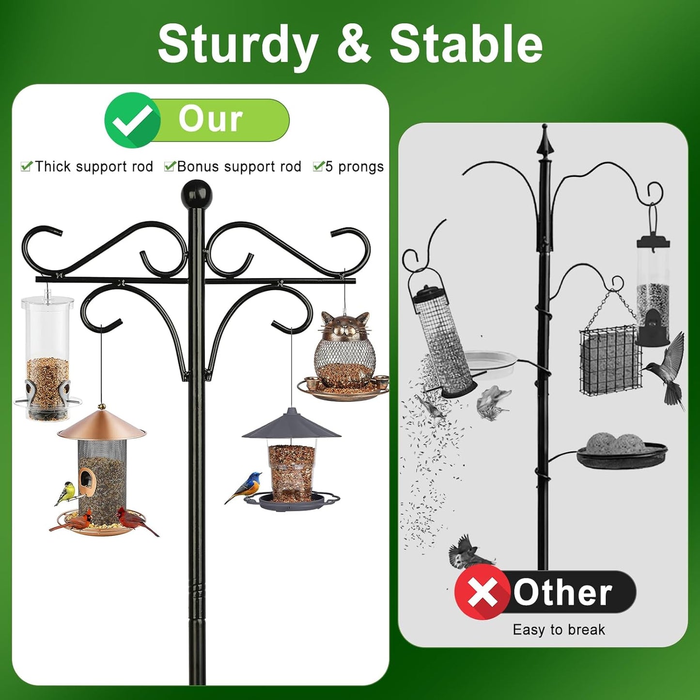 Shepherds Hook Bird Feeder Pole for Outdoor, 46 Inch Tall Heavy Duty Feeder Pole with 4 Hook for Hanging Bird Feeders, Hummingbird Feeder, Plant Baskets