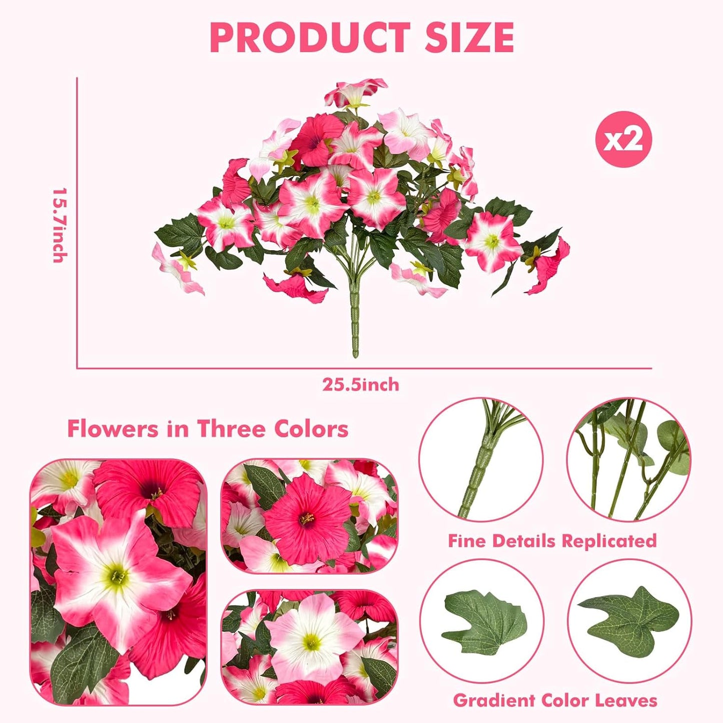 ICX 2PCS Faux Petunias Silk Flower UV Resistant, Artificial Outdoor Flowers, Realistic Artificial Flowers for Outdoors, Pot, Front Door, Porch, Yard, Patio, Window Box, Hanging Basket (Rosy Red