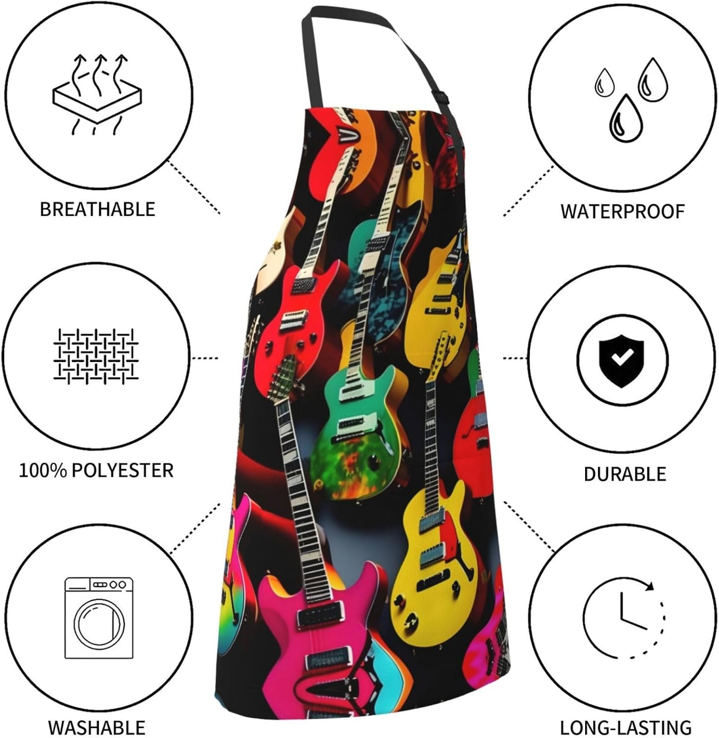 Colorful Guitar Print Laundry apron 28x33 In Waterproof Kitchen Apron with Pockets for Cooking Baking
