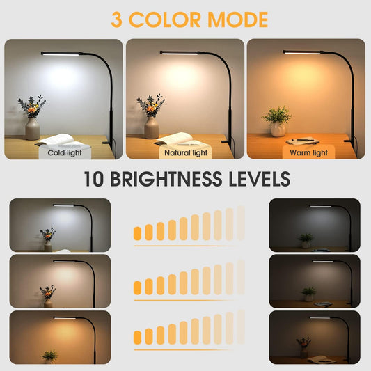 LED Desk Lamp with Clamp, Eye-Caring Clip on Lights for Home Office, 3 Modes 10 Brightness, Long Flexible Goose-Neck, Metal, Swing Arm Architect Task Table Lamps with USB Adapter, Black