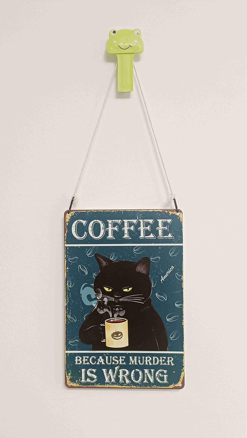 Bestylez Funny Black Cat Signs - Coffee Lovers Kitchen Decor, 12 x 8 I