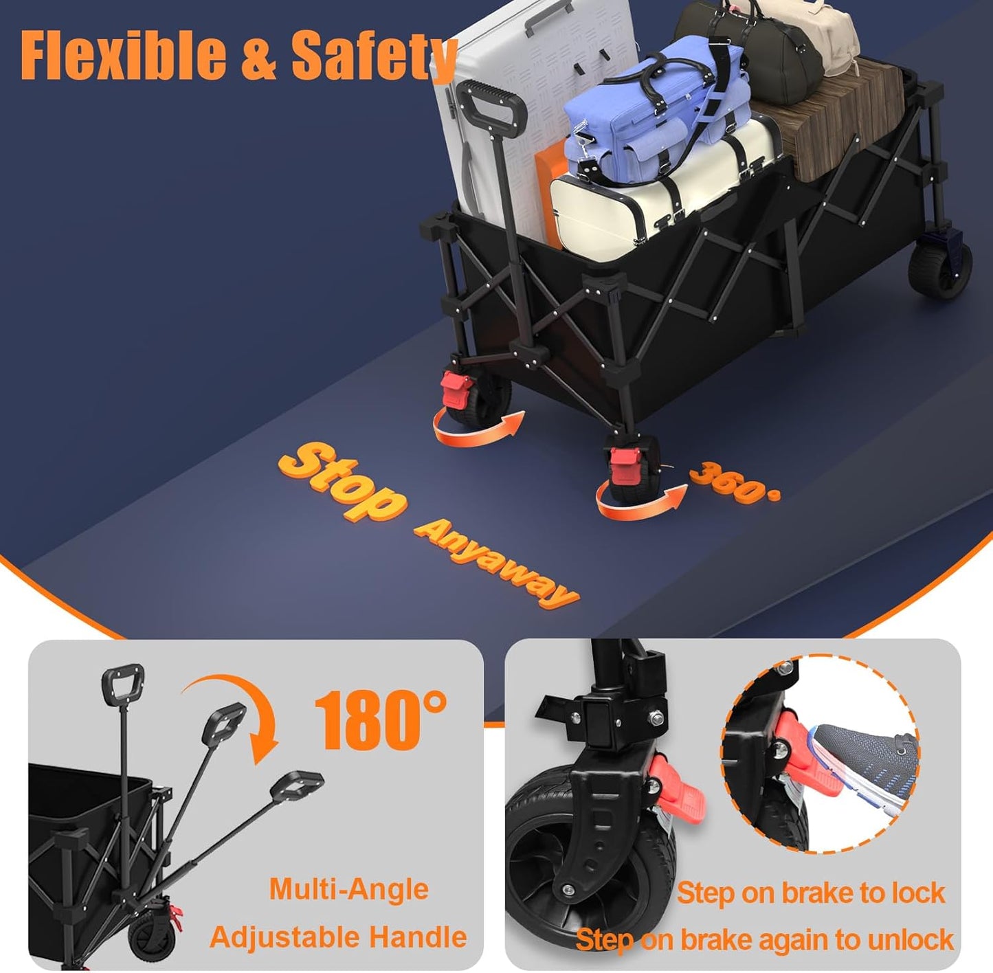 41" L Collapsible Large Wagon Cart Foldable, 460LB Weight Capacity 220