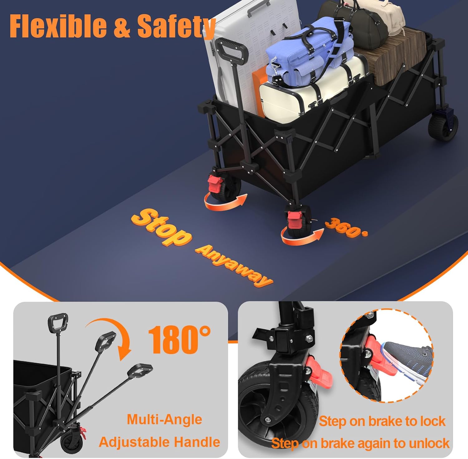 41" L Collapsible Large Wagon Cart Foldable, 460LB Weight Capacity 220