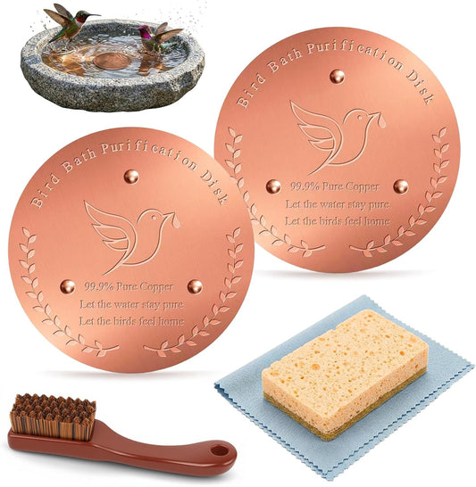 Bird Bath Copper Disk & Maintenance Set of 5, Includes 2 Pack 1mm Thick 99.9% Pure Copper Disks (100mm), Brush, Sponge & Polishing Cloth, Bird-Friendly Accessory to Keep Birdbath Water Fresh