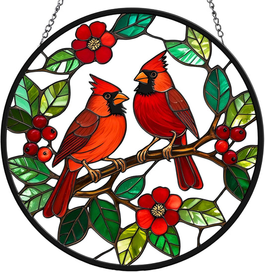 Stained Glass Window Hanging, 8'' Cardinal Suncatcher Stain Glass for Windows Hanging, Hand Painted Sun Catchers Indoor Window, Gift for Women, for Birds Lovers