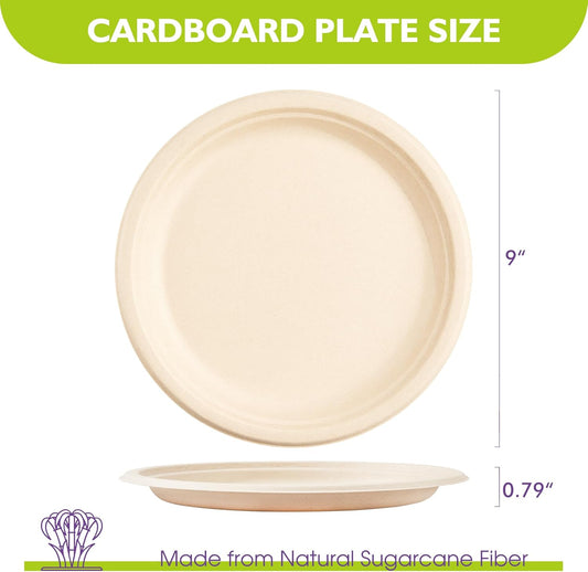 9 Inch 125 Pack Compostable Paper Plates, Biodegradable Heavy Duty Disposable Plates, Round Unbleached Brown Plates Made from Natural Sugarcane Fibers, for Party, Camping, Picnic