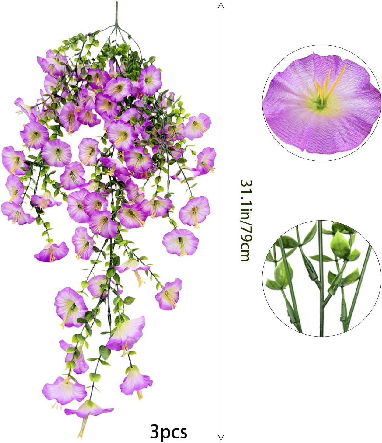 3Pcs Artificial Hanging Flowers for Outdoors UV Resistant Realistic PurpleFaux Petunias Vines for Outside Indoor Planter Porch Patio Yard HomeDecor