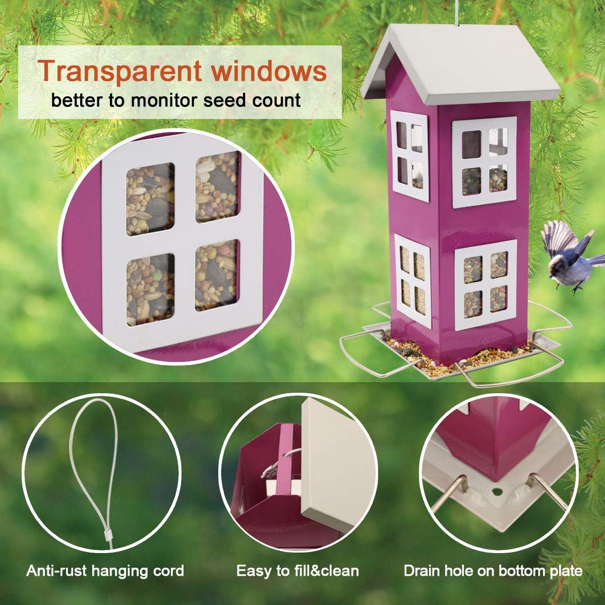 Goodeco Metal Bird Feeder Garden Decor - Bird Feeders for Outdoors Hanging,Country House Design Squirrel Proof,Easy Cleaning & Refills,Grandpa Gifts,4.7 * 10.2" (Purple)