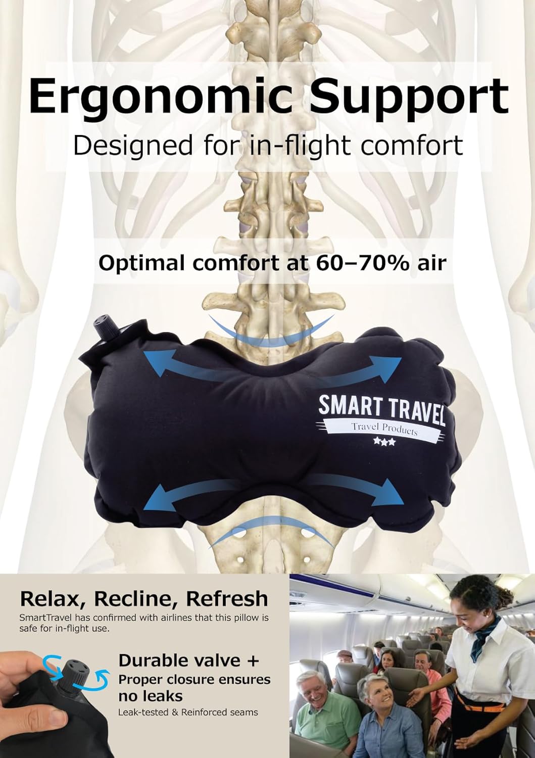 SmartTravel Travel Products Inflatable Travel Lumbar Pillow for Airplane Seat – Adjustable Lower Back Support Cushion for Long Flights