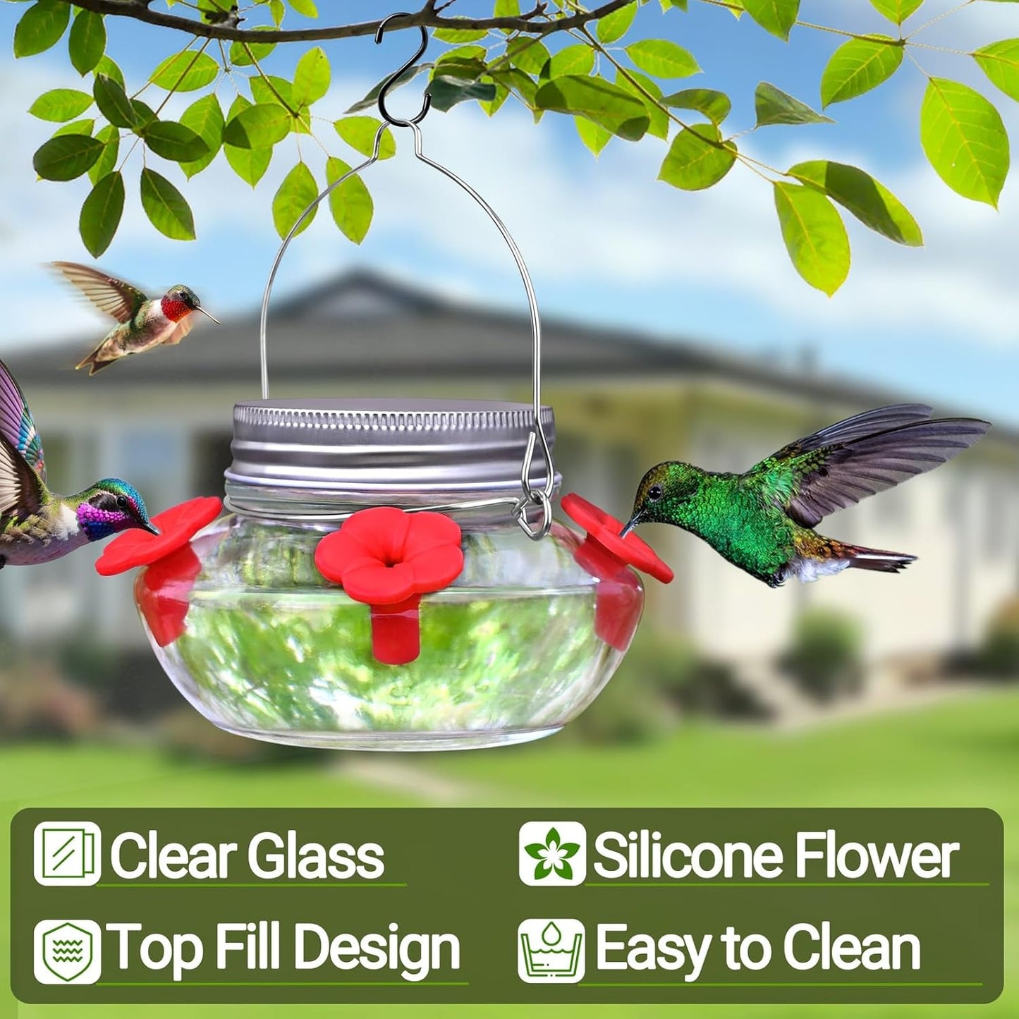 Glass Hummingbird Feeders for Outdoors Hanging, Cute Mason Jar Shape with 4 Silicone Flower Feeding Ports, Top Fill Leak Proof Easy to Clean and Refill, Humming Bird Feeder for Outside Garden