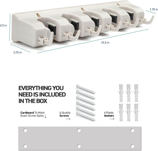 HOME IT Mop And Broom Holder Wall Mount - Garage Storage Systems with 5 Slots, 6 Hooks, 7.5lbs Capacity Per Slot - Garden Tool Organizer For Home, Kitchen, Closet, Garage, Laundry Room - Off-White
