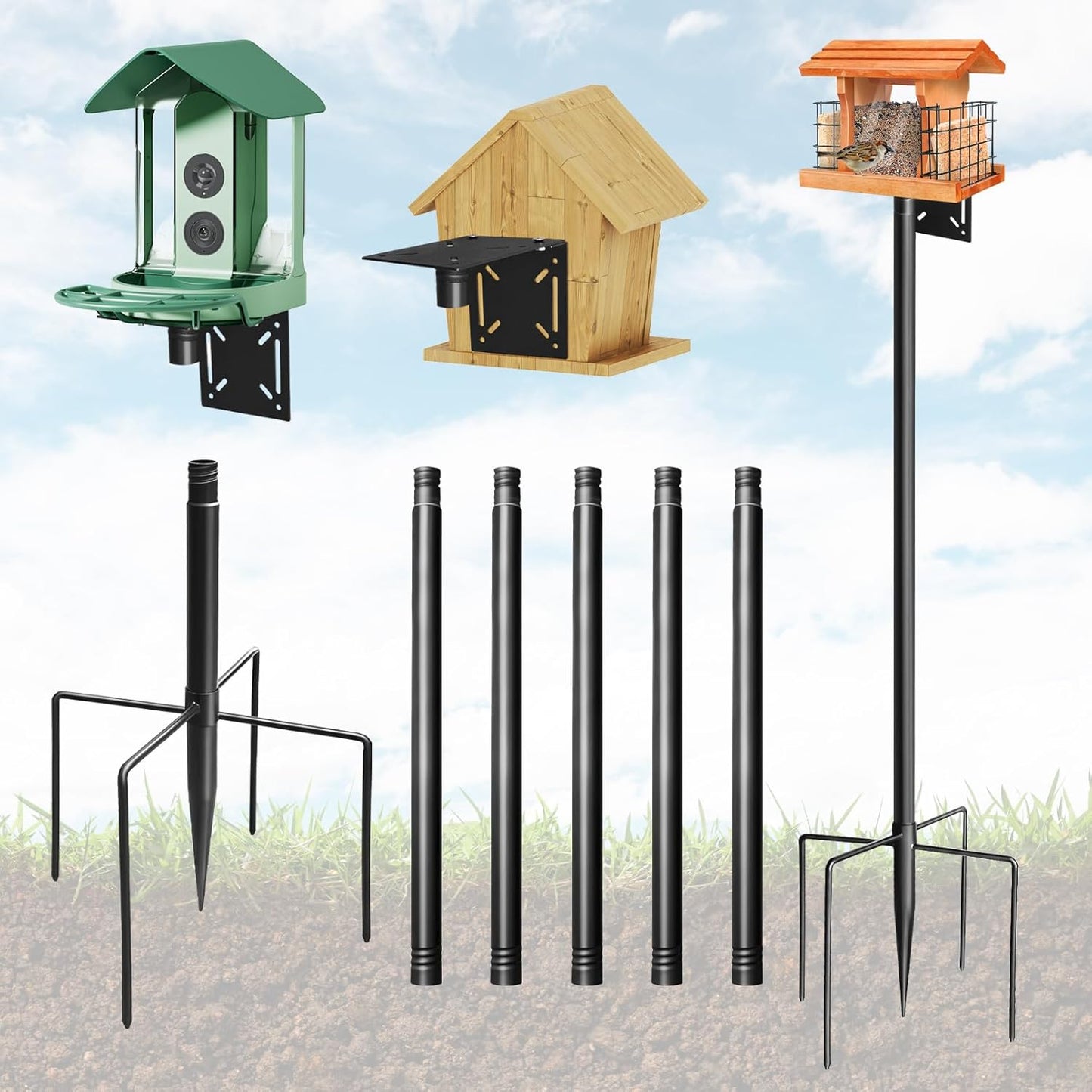Bird House Pole, 92in Adjustable Bird Feeder Pole for Outdoors, Heavy Duty Smart Feeder Pole Mount Kit for Feeders, Birdhouse, Weather Station, Birdwatching