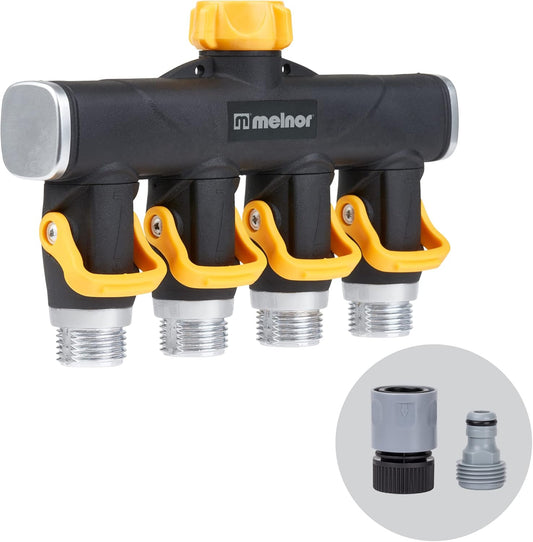 Melnor 65135AMZ 4 Way Lever Flow Through Valve Connector Bundle, Yello