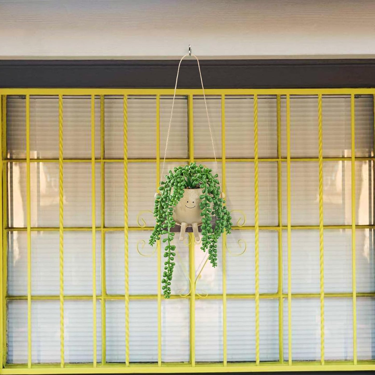 Artificial Hanging String of Pearls Succulent in Cute Smiley Face Swing Planter, Fake Trailing Succulent Plant for Indoor Outdoor Home Wall & Window Decor | Includes Hanging Hook