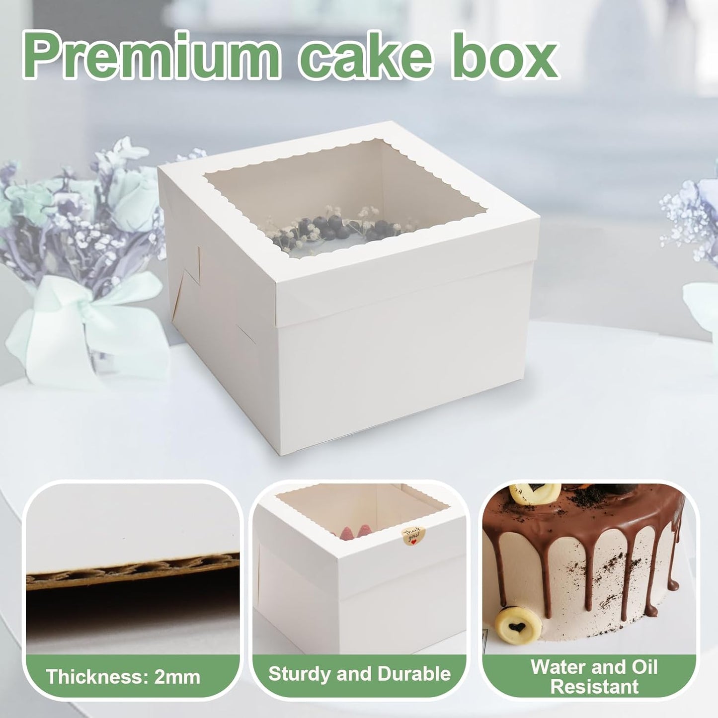 케이크 상자 2팩, 30.5 x 30.5 x 20.3cm(12 x 12 x 8인치) 높이 케이크 상자, 케이크 보드 포함, 큰 창이 있는 화이트 베이커리 상자, 뚜껑이 있는 일회용 케이크 운반 용기, 쿠키, 파이, 결혼식, 생일용