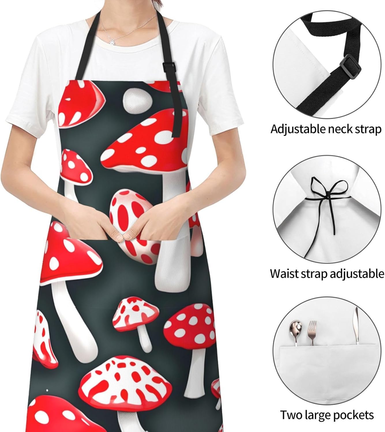 Red White Mushroom Print Laundry apron 28x33 In Waterproof Kitchen Apron with Pockets for Cooking Baking