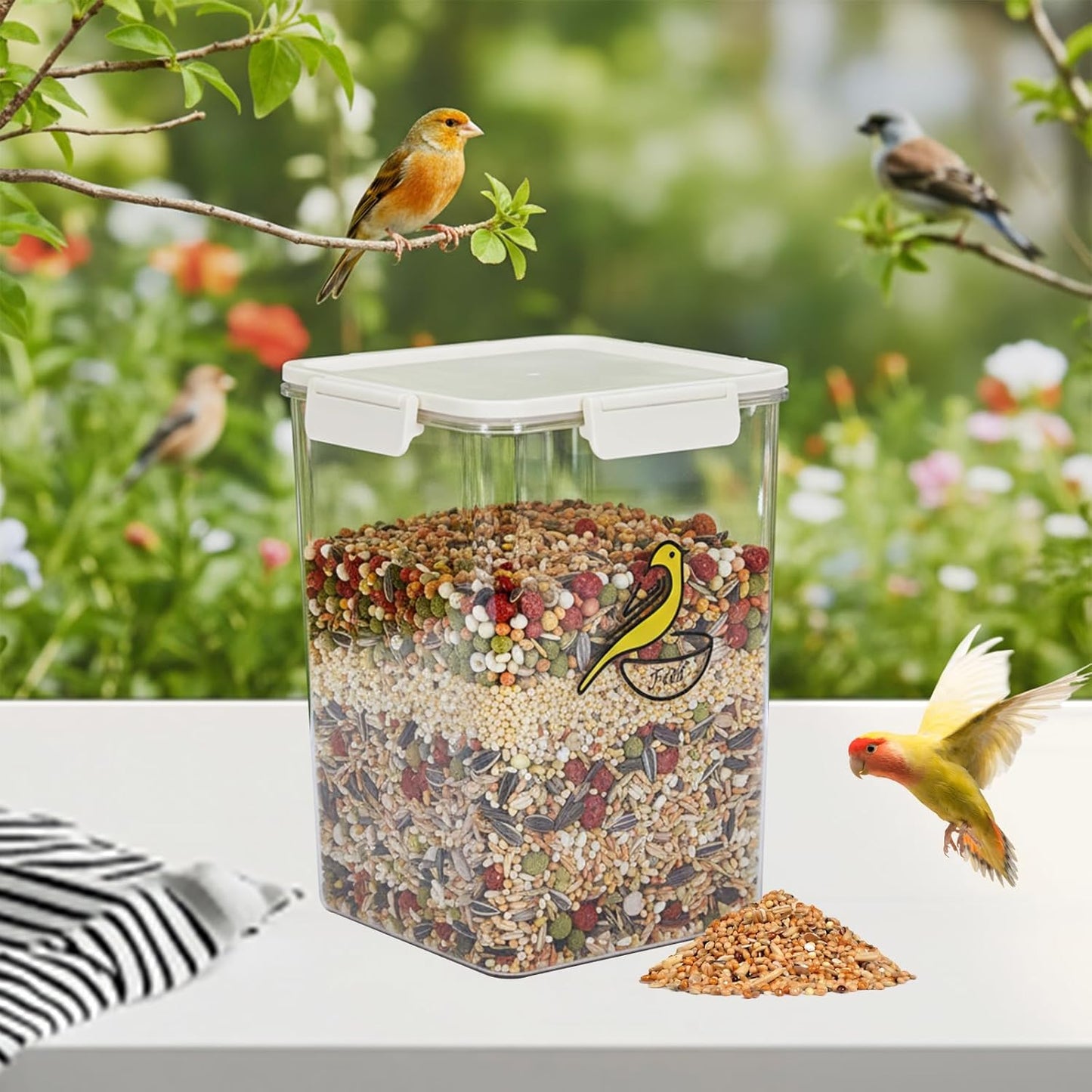 Bird Seed Storage Container，4.5L Pet Food Container with Four-Sided Snap Lock,Clear Plastic Wild Bird Seed Dispenser,Airtight Storing Sunflower Seed|BPA Free