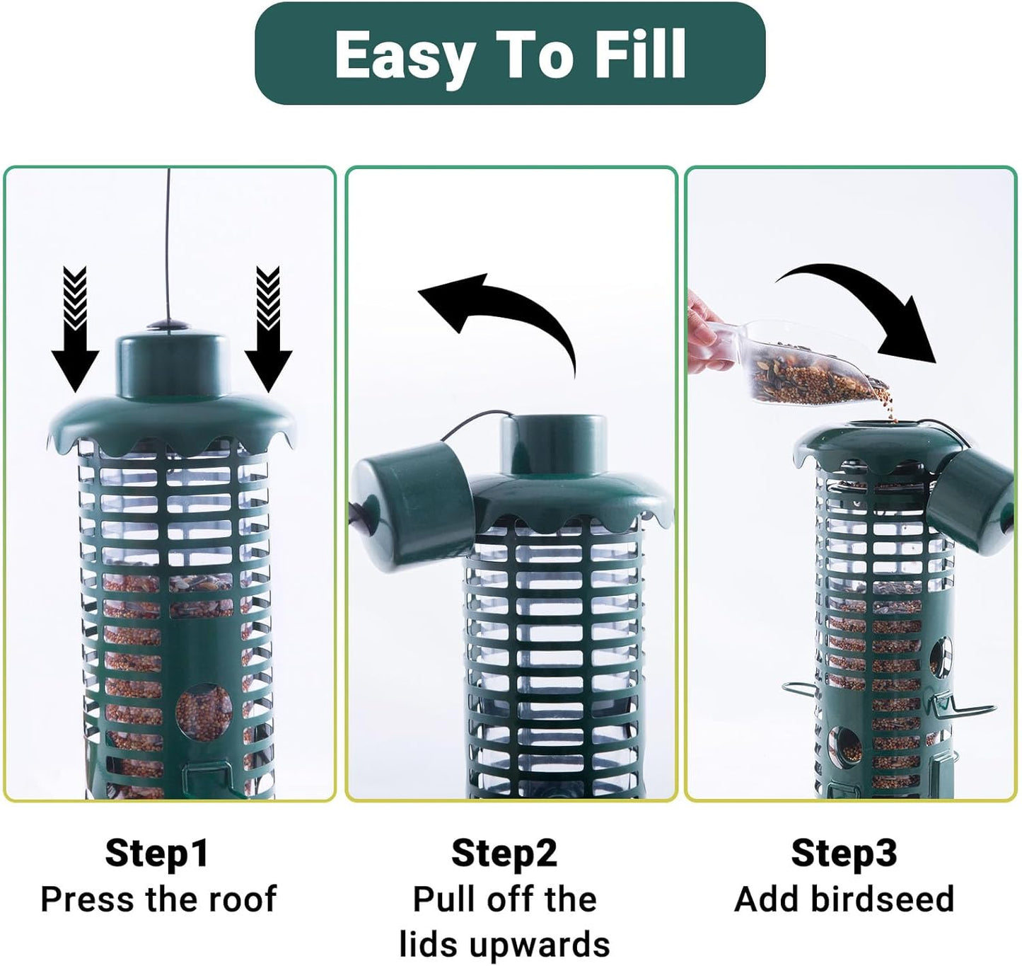 Squirrel Proof Bird Feeders Metal for Outdoors Hanging Weight Activated Wild Bird Seed Feeder for Finch Cardinal Chickadee, Weatherproof & Chew-Proof, 2LB Large Capacity, Green