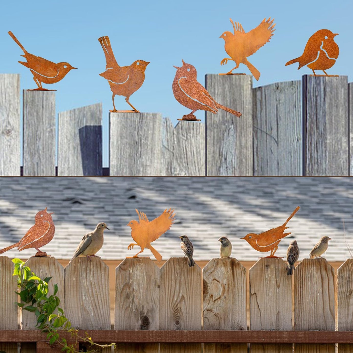 5PCS Rusty Metal Birds Decorations - Handmade Yard Art & Garden Sculptures, Rustic Metal Garden Decor for Outdoor Fences, Patio, and Bird Lovers