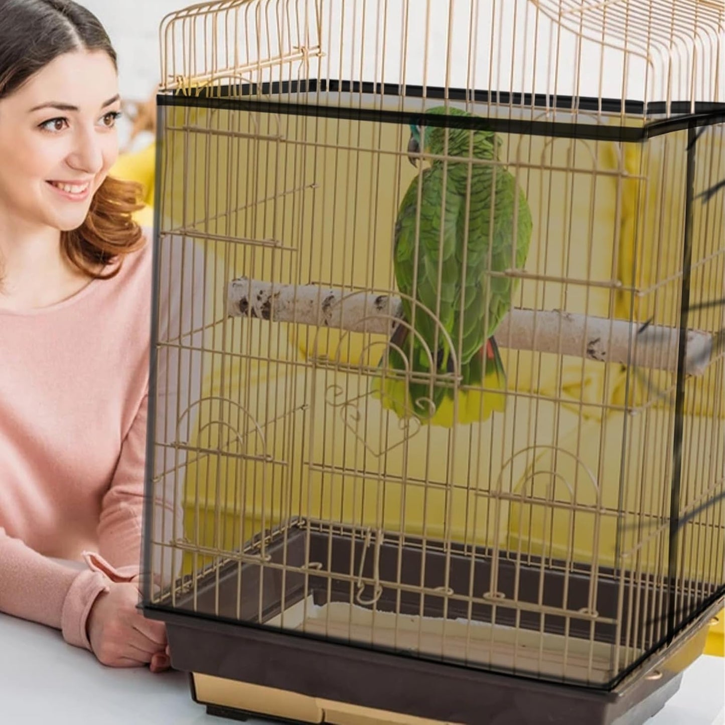 Daoeny Bird Cage Seed Catcher, Large Bird Cage Cover, Adjustable Soft Airy Nylon Mesh Net, Birdcage Cover Skirt Seed Guard for Parrot Parakeet Macaw African Round Square Cages (Black)