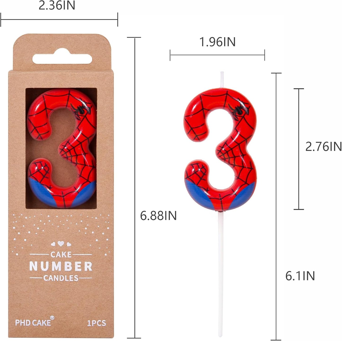 PHD CAKE 2.76 Inch Number 3 Spider Birthday Candles, Spider Cartoon Th