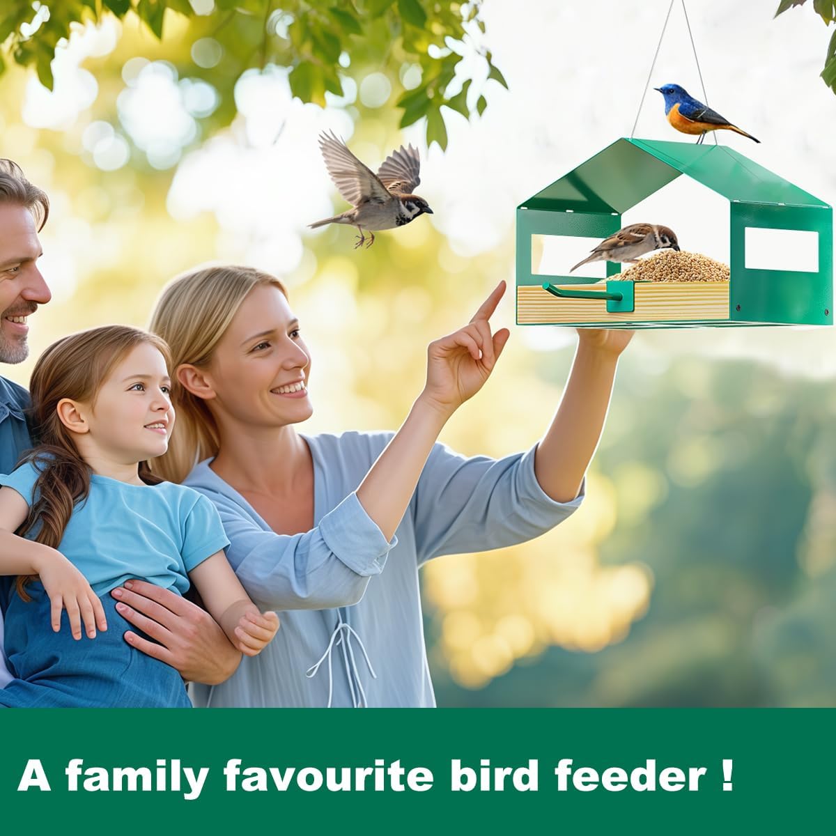 FANHAO Metal Bird Feeder for Outdoor Hanging, Wild Bird Feeder House with Rust-Resistant Mesh, Hanging Platform Bird House Feeder for Attracting Birds, Weatherproof, Easy to Clean & Refill