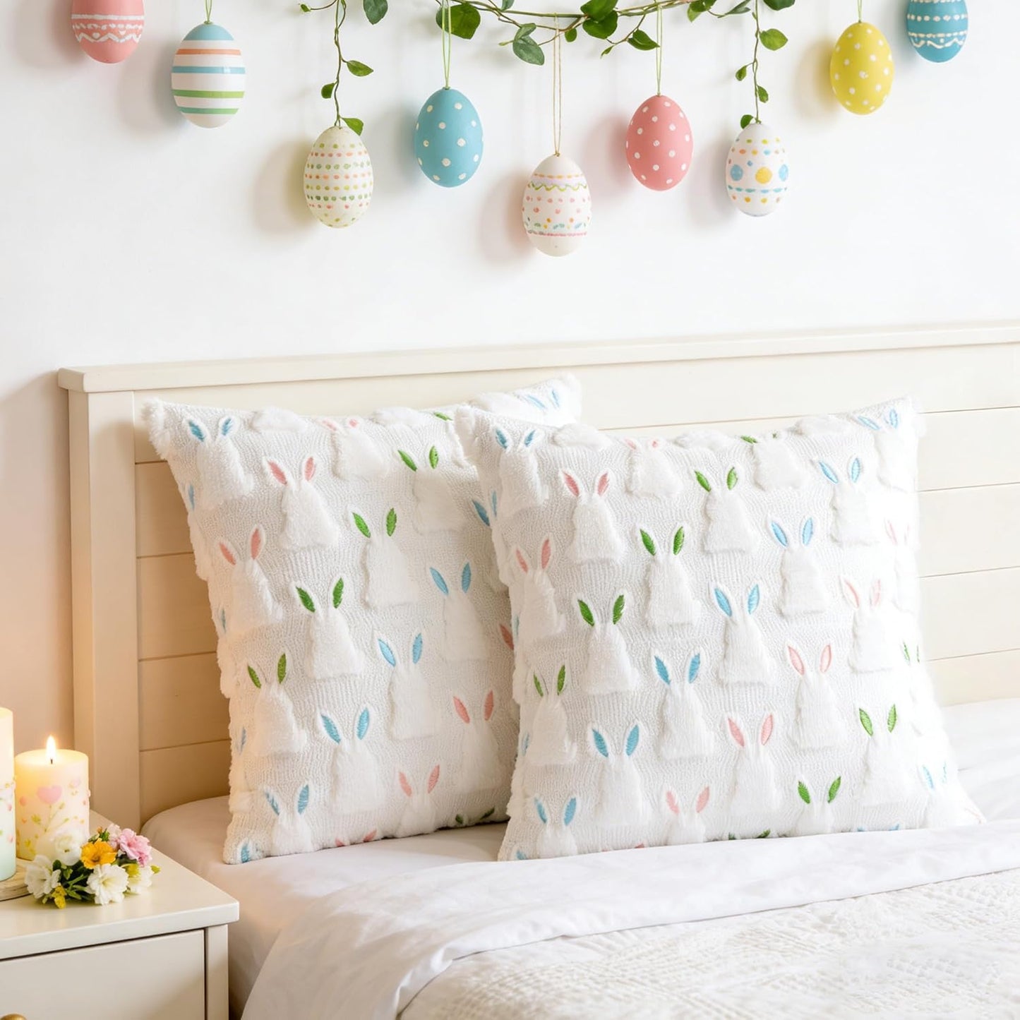 Easter Pillow Covers 18" x 18" Set of 2, Easter Decorations Cute Soft Plush Bunny Throw Pillow, Spring Farmhouse Decorations for Home Sofa Couch Living Room Bedroom