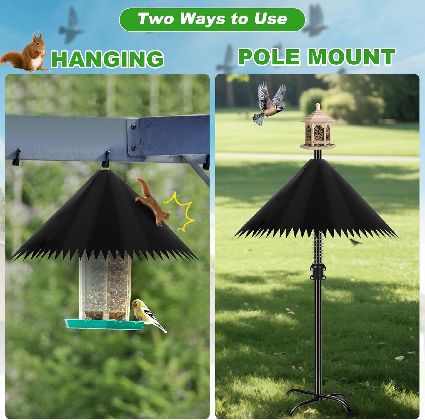 2 Pack Squirrel Baffle for Bird Feeder Pole, 19 inch Squirrel Cone for Bird Feeder Pole, Outdoor Squirrel Guard with Stainless Steel Spring for Shepherd's Hook, Black