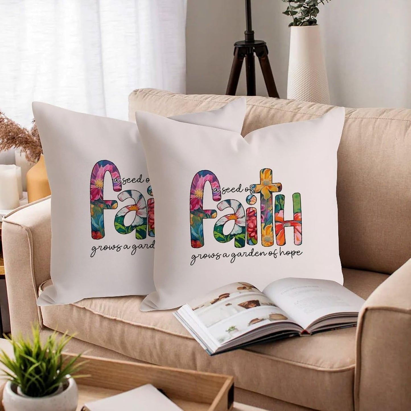 Christian Pillow Cases A Seed of Faith Grow A Garden of Hope Farmhouse Tapestry Cushion Case 24 Inch Customize Retro Decor for Office Chair Patio