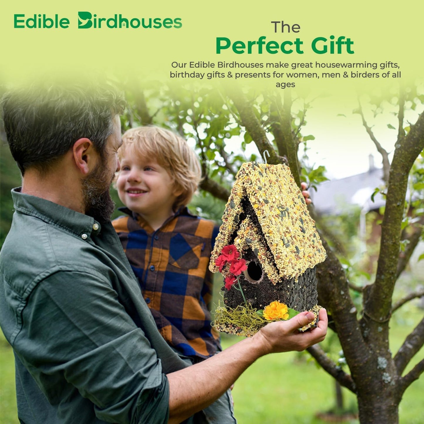 Edible Birdhouse - Birdseed Bird Feeder, Wooden Birds House Covered in Wild Bird Food, Squirrel Resistant Birds Feeders for Outside Hanging, Watching Gift for Garden Lovers, (TL)