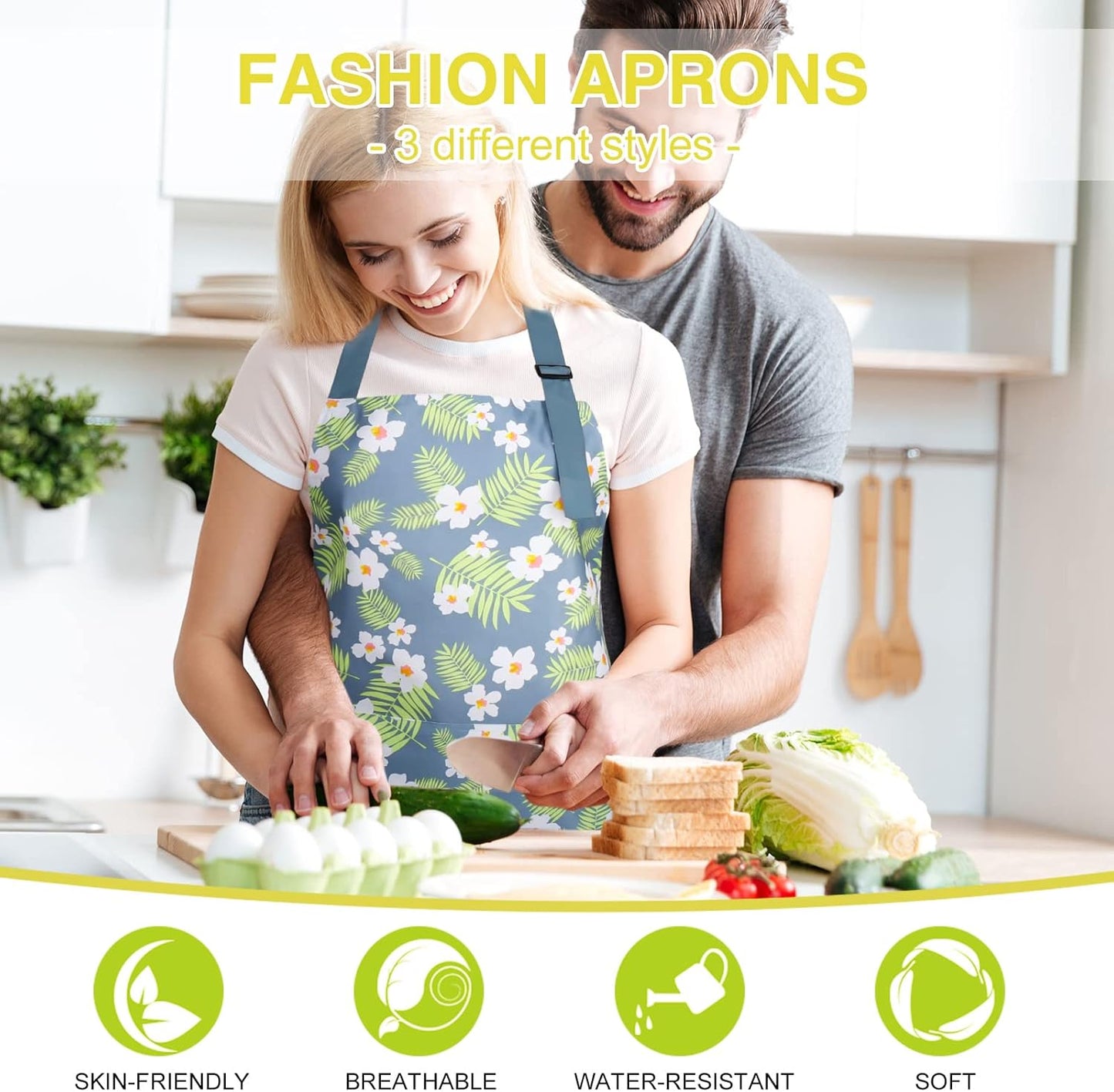 BOUMUSOE 3 Pack Floral Aprons with Pocket, Blooming Womens Aprons Wate