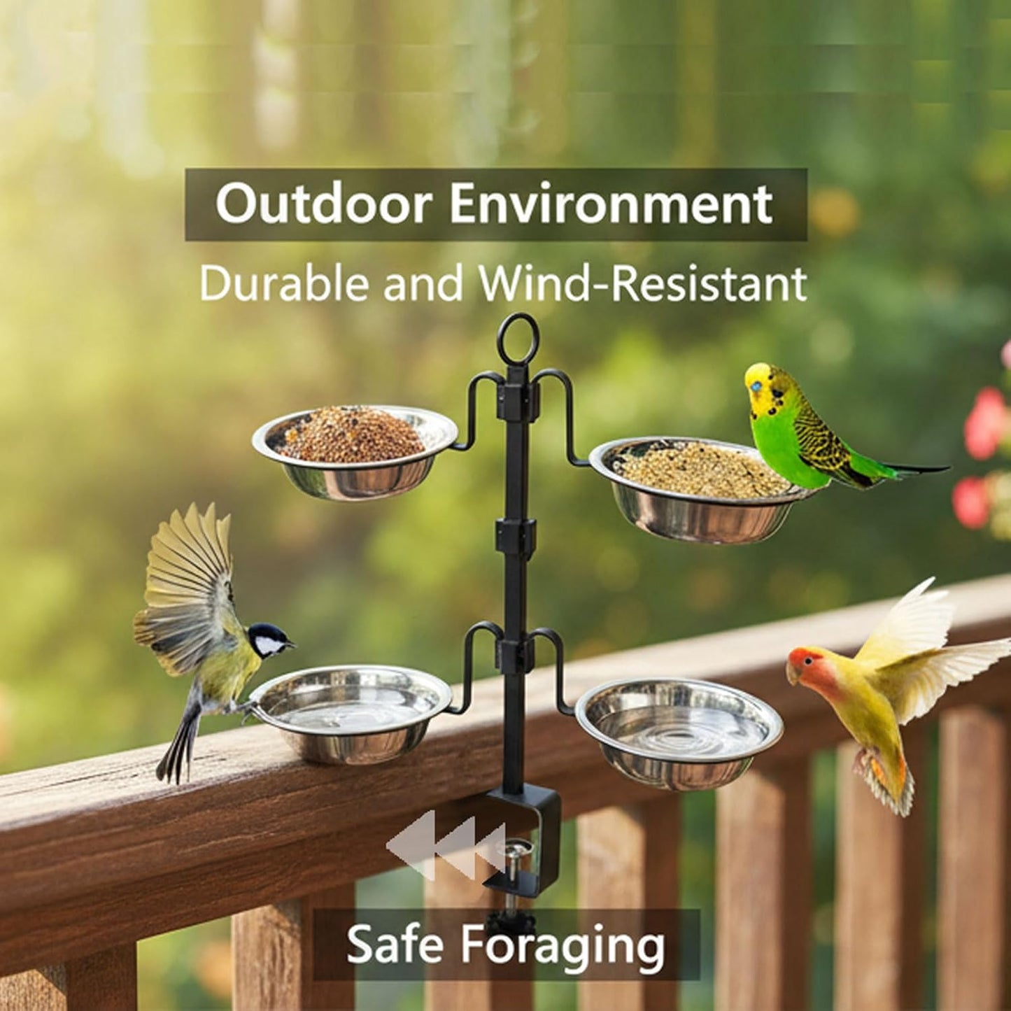 Deck Bird Feeder, 3-Tier Adjustable Railing Clamp-On Feeder with Four Stainless Steel Bowls for Balcony Patio Outdoor Use