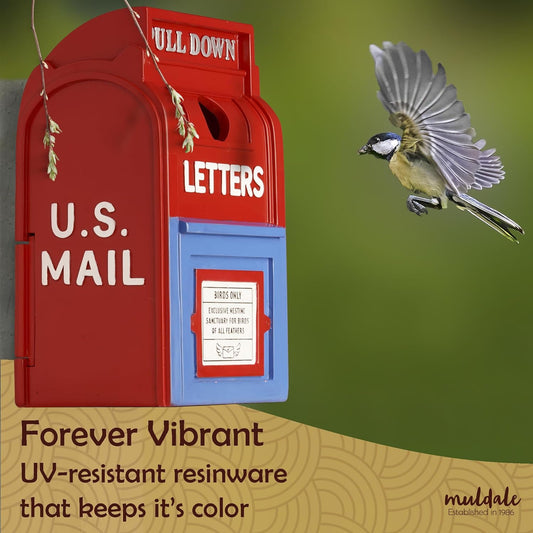 Muldale Outdoor Mailbox Birdhouse – Resin Weather-Resistant Wild Bird House for Backyard Garden Décor (9″) – Mailbox Style Bird Nesting Box for Small Birds