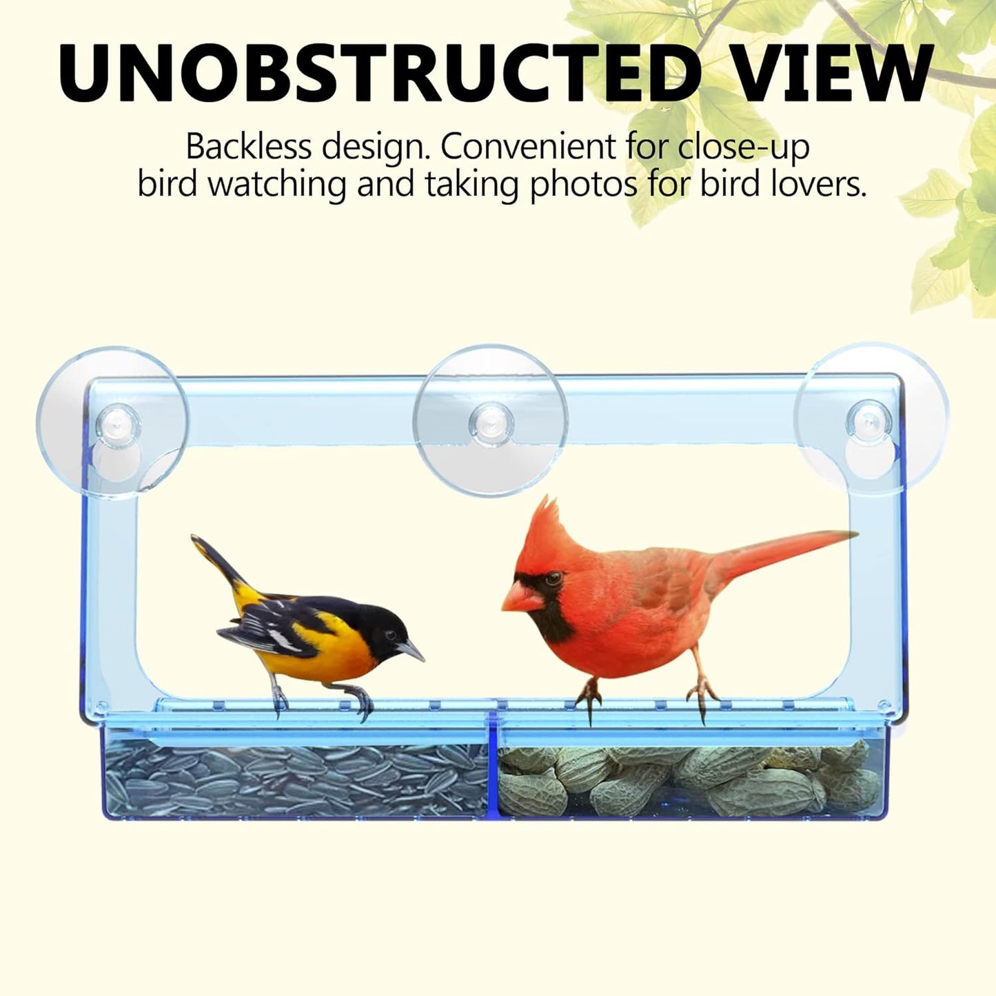 LUJII Blue Window Bird Feeder with 5 Super Strong Suction Cups, All One Piece Construction, Removable Seed Tray, Accommodates Large Birds Like Cardinals or Blue Jay for Outside Wild Bird Feeding